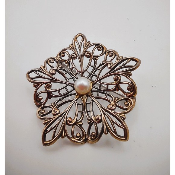 SYMMETALIC ART DECO BROOCH w/ Pearl Marked Sterling 1/20 14k (14k Gold Overlay) - Picture 2 of 4